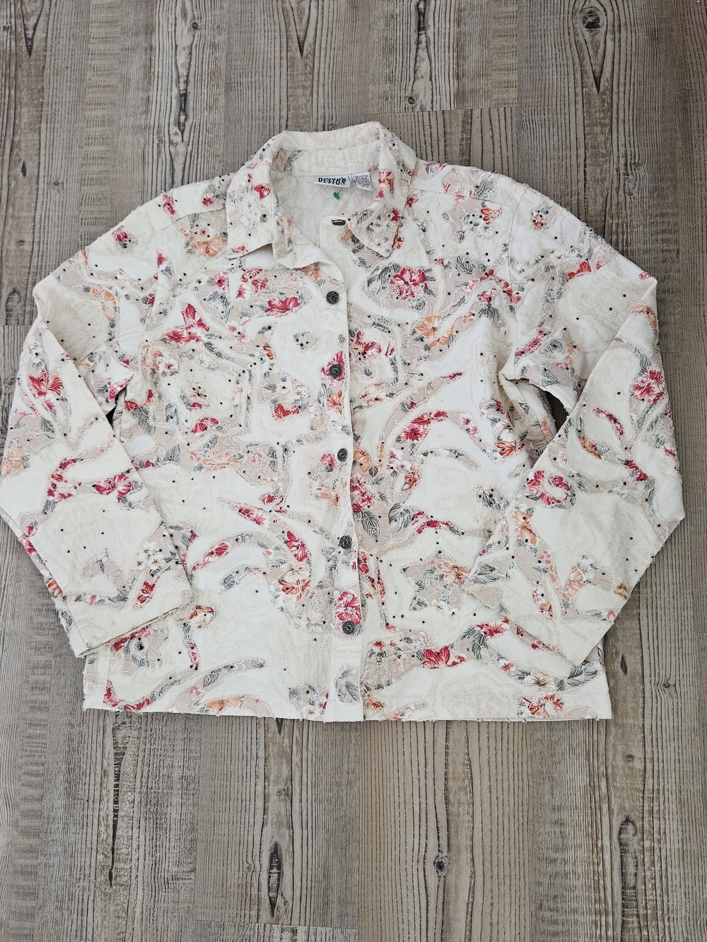Chico's Design Cream Embrodered Floral-Print Jean Jacket